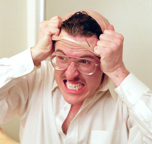 Removing the bald cap from the Gump video, 1996